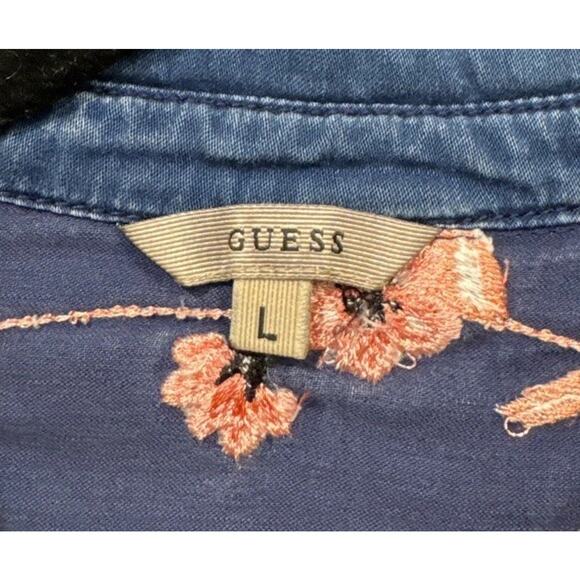 Guess Pink Floral Embroidered Denim Shirt Womens Size Large Western Country Boho - Picture 7 of 8